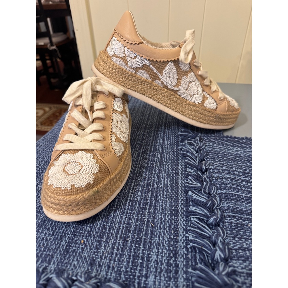 Dolce Vita Women Tan Raffia Sequin Floral Espadrille Platform Sneakers Size 7